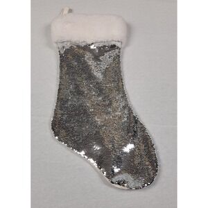 Northlight 19" White and Silver Sequin Christmas Stocking W/ White Faux Fur Cuf